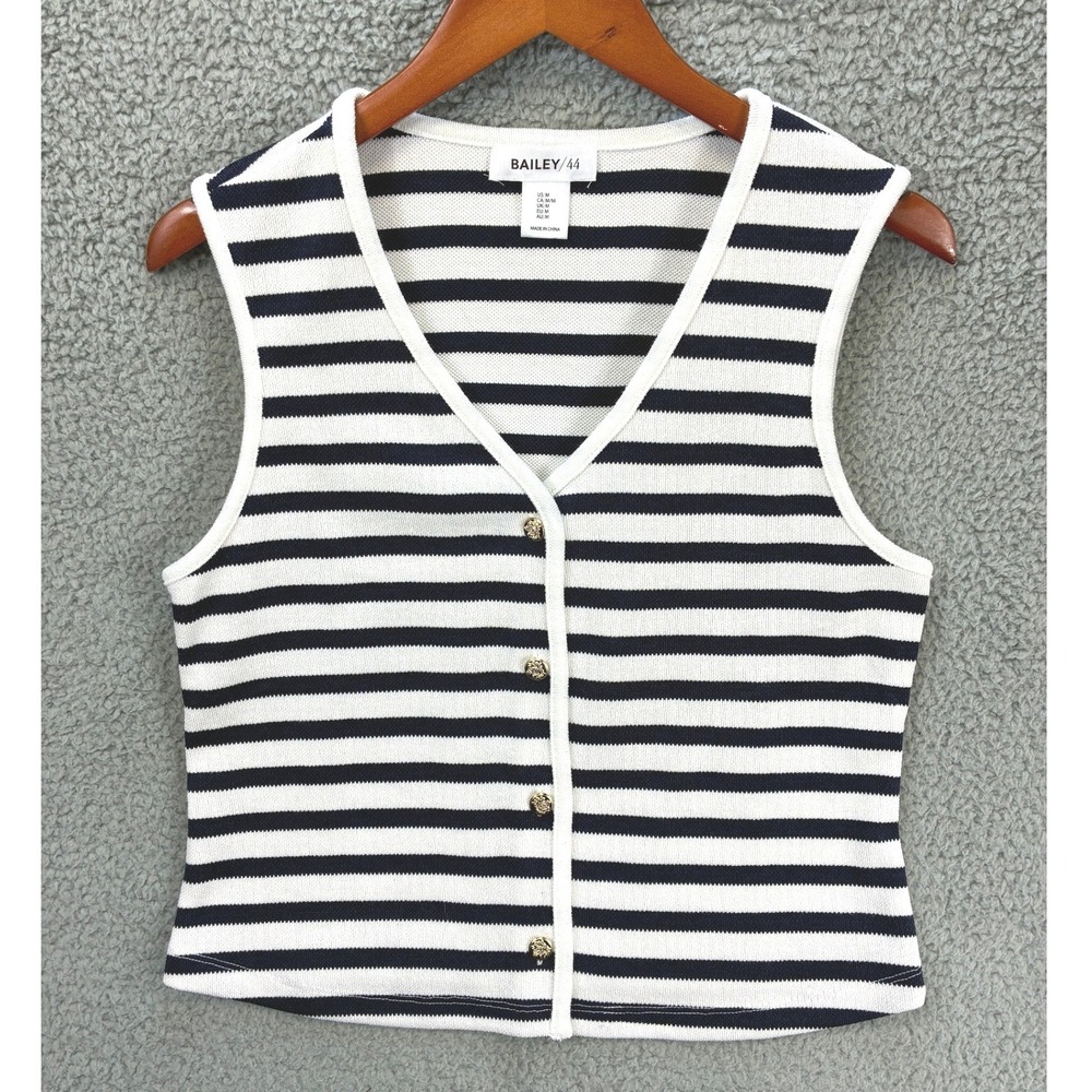 Bailey 44 Cardigan Vest Striped V-Neck Womens Medium Black White Gold Button